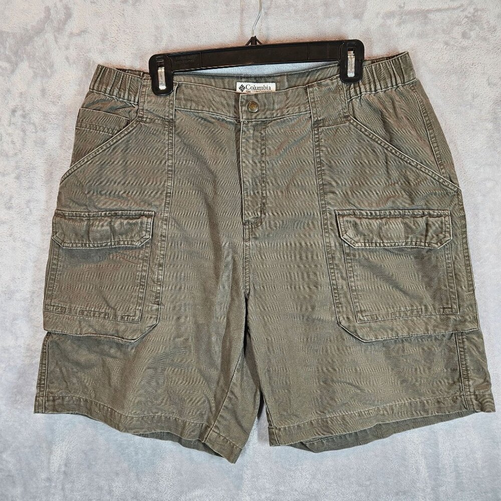 Columbia Mens L Cargo Shorts Olive Elastic sides Cotton Outdoor Hiking gorpcore